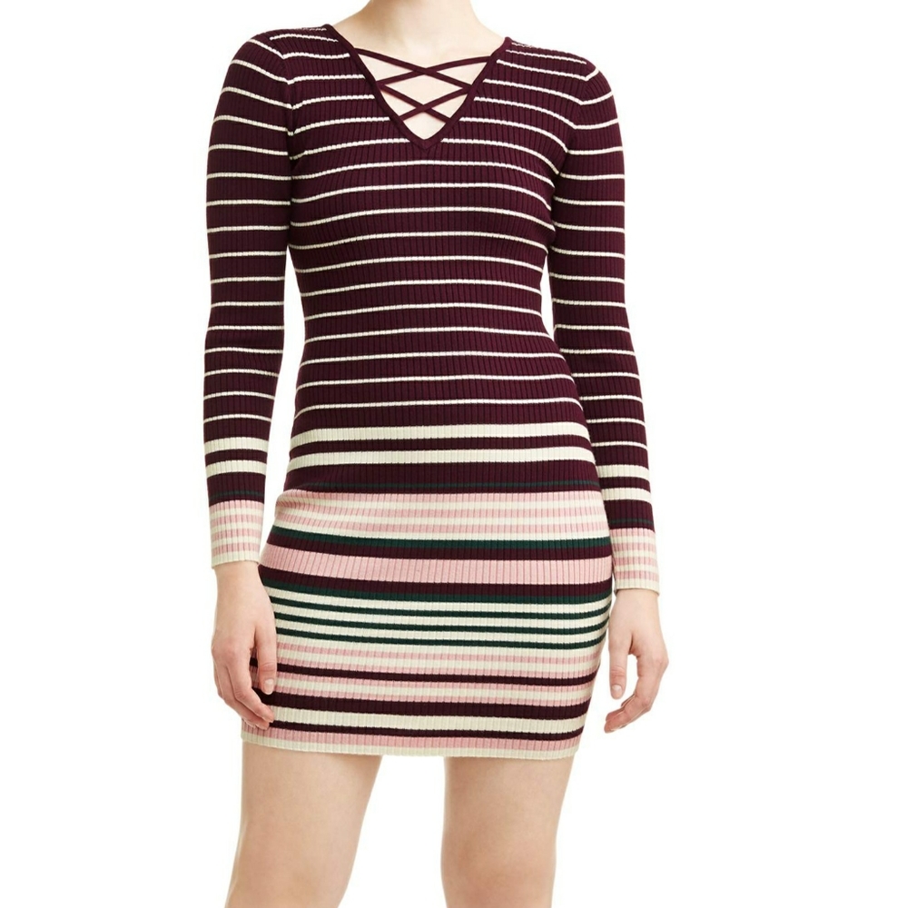Burgandy, pink and green stripe long sleeve sweater dress sz XS NWOT